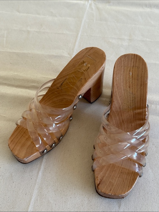 Shoes - Vintage Clear Strappy Wood Block Heel Sandals
